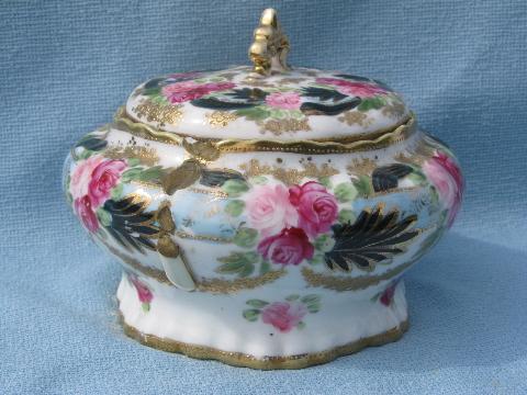 photo of shabby old Hand Painted Nippon rose bowl, pink roses, encrusted gold #2