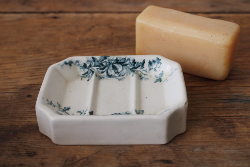 photo of shabby old antique ironstone china soap dish w/ deep blue transferware floral  #1