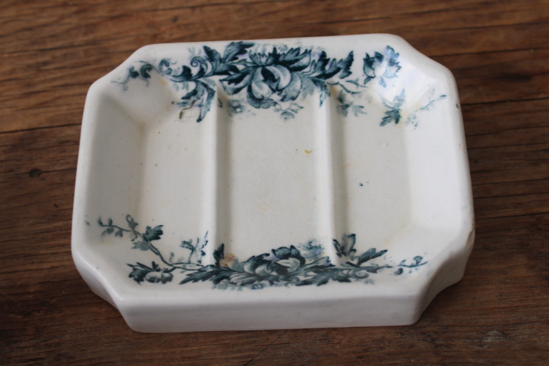 photo of shabby old antique ironstone china soap dish w/ deep blue transferware floral #3