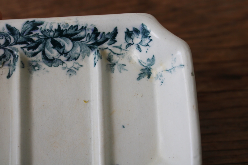 photo of shabby old antique ironstone china soap dish w/ deep blue transferware floral #4