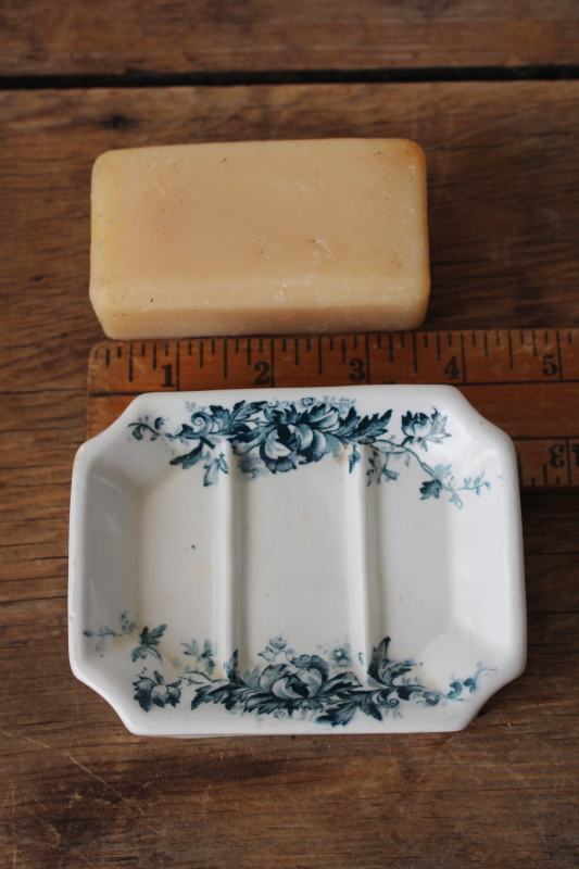 photo of shabby old antique ironstone china soap dish w/ deep blue transferware floral #7