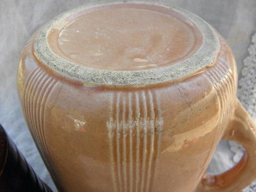 photo of shabby old brown and tan stoneware milk pitchers, vintage USA pottery #2