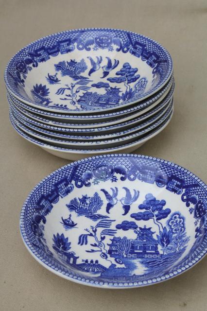 photo of shabby old browned blue & white china bowls, vintage Japan willowware blue willow #3