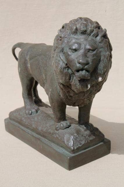 photo of shabby old chalkware lion, plaster figure faux bronze classical statue #1