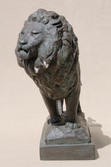 photo of shabby old chalkware lion, plaster figure faux bronze classical statue #3