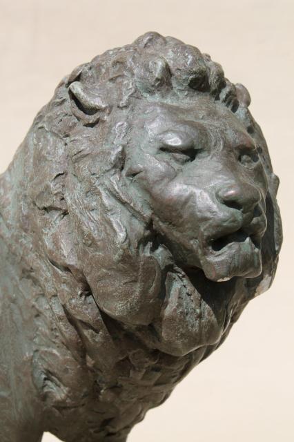 photo of shabby old chalkware lion, plaster figure faux bronze classical statue #9