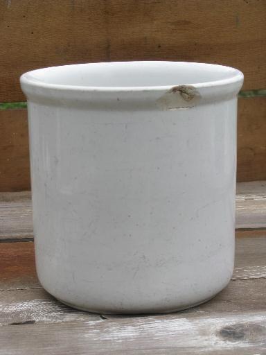 photo of shabby old cracked stoneware crocks, plain, blue and brown for flower pots #2