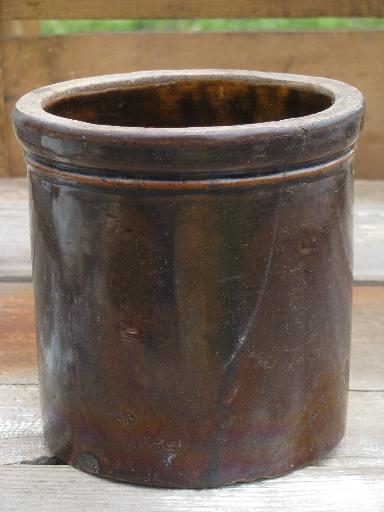 photo of shabby old cracked stoneware crocks, plain, blue and brown for flower pots #3