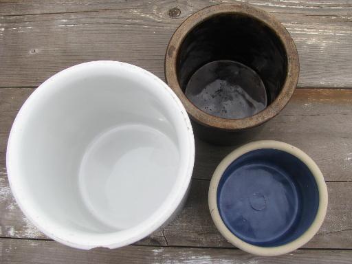 photo of shabby old cracked stoneware crocks, plain, blue and brown for flower pots #5