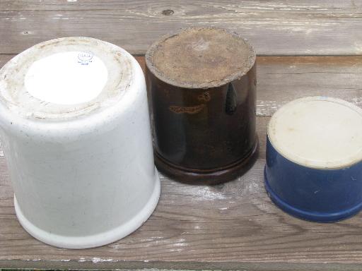 photo of shabby old cracked stoneware crocks, plain, blue and brown for flower pots #6