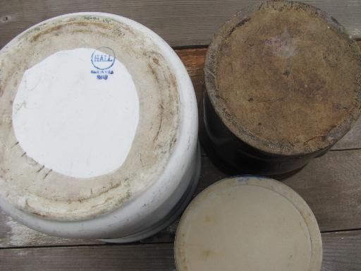 photo of shabby old cracked stoneware crocks, plain, blue and brown for flower pots #7