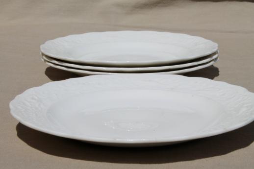 photo of shabby old creamware china plates, vintage Crooksville pottery w/ birds & flowers embossed border #7