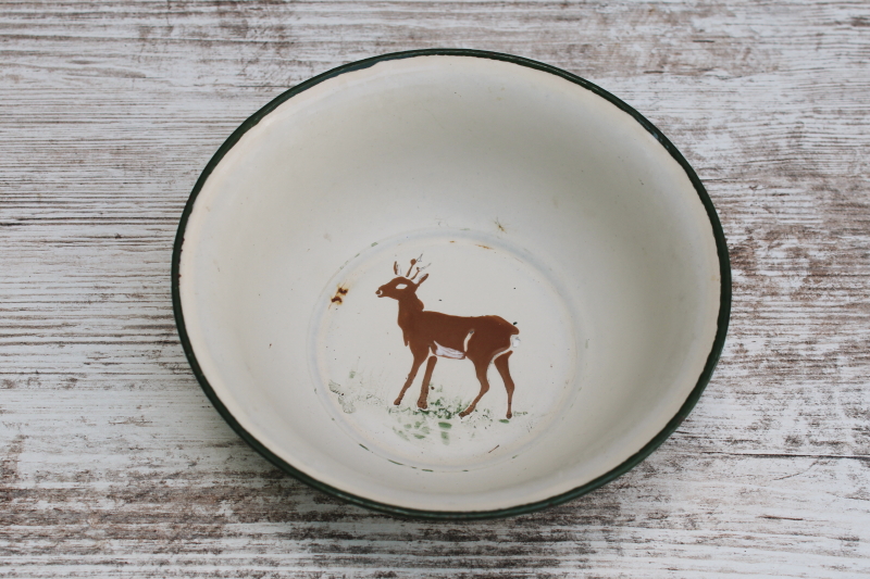 photo of shabby old enamel baby dish, small metal bowl with brown deer, rustic vintage enamelware  #1