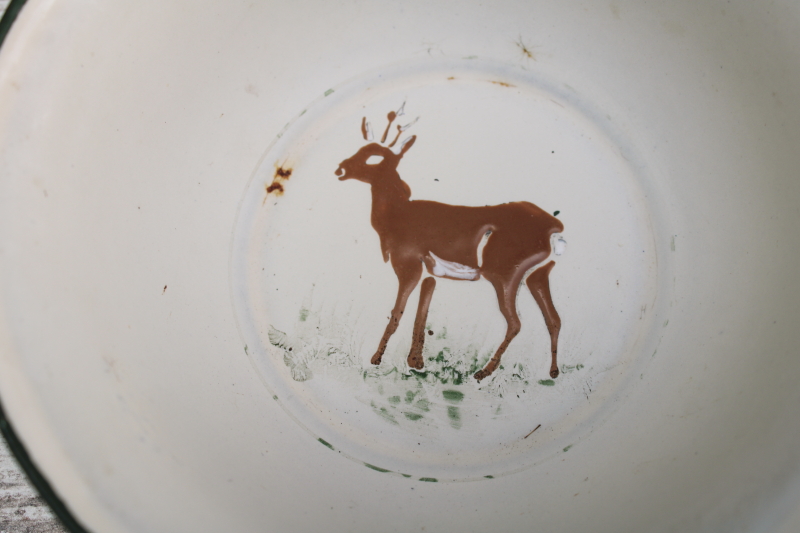 photo of shabby old enamel baby dish, small metal bowl with brown deer, rustic vintage enamelware  #2