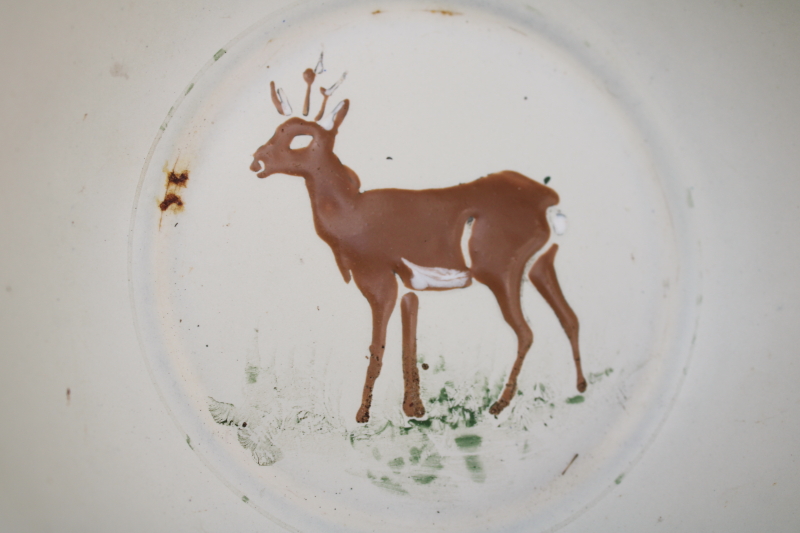 photo of shabby old enamel baby dish, small metal bowl with brown deer, rustic vintage enamelware  #3