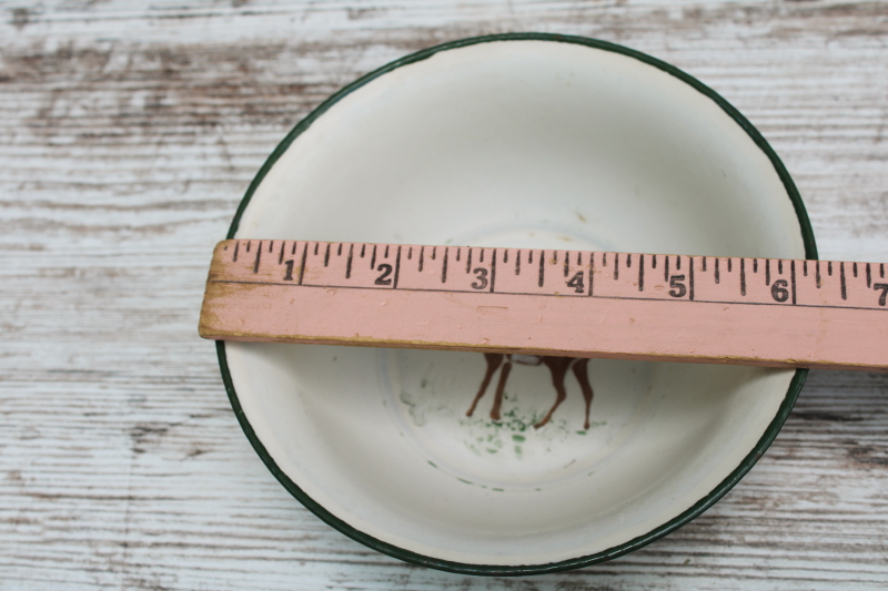 photo of shabby old enamel baby dish, small metal bowl with brown deer, rustic vintage enamelware  #6