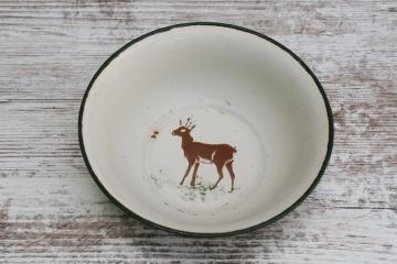 catalog photo of shabby old enamel baby dish, small metal bowl with brown deer, rustic vintage enamelware 