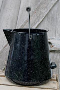 catalog photo of shabby old graniteware coffee pot for garden flower planter, vintage enamelware coffeepot