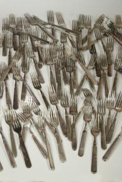 catalog photo of shabby old hotel silver dinner forks, antique silver plate flatware mismatched pieces