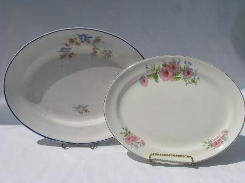 photo of shabby old kitchen platters, Hall's pink mallow, vintage Bluebird china #1