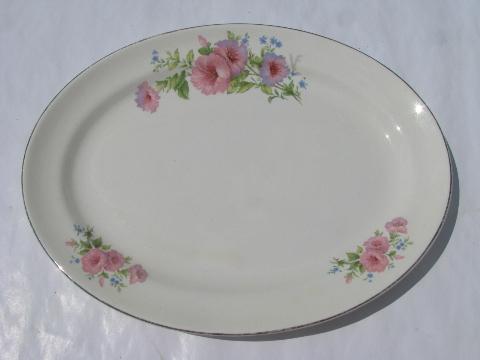 photo of shabby old kitchen platters, Hall's pink mallow, vintage Bluebird china #2