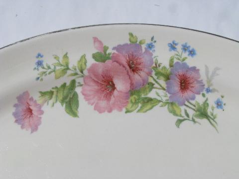 photo of shabby old kitchen platters, Hall's pink mallow, vintage Bluebird china #3