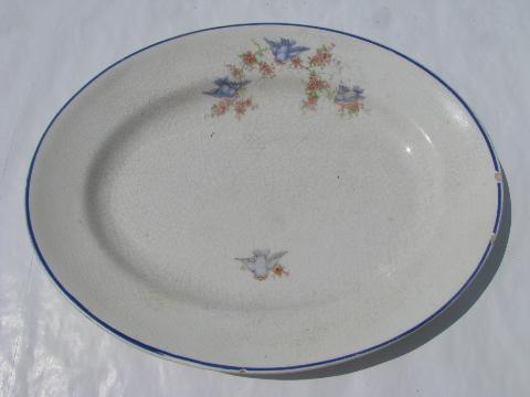 photo of shabby old kitchen platters, Hall's pink mallow, vintage Bluebird china #5