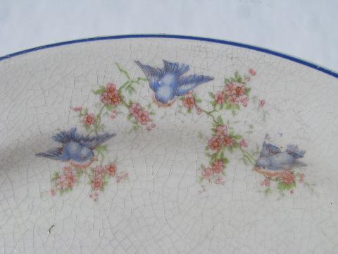 photo of shabby old kitchen platters, Hall's pink mallow, vintage Bluebird china #6