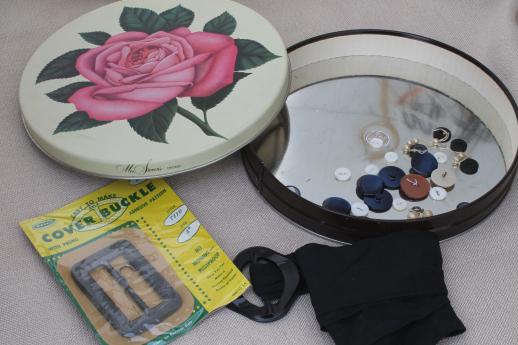 photo of shabby old pink rose tin full of vintage sewing, buttons & belt buckles #3