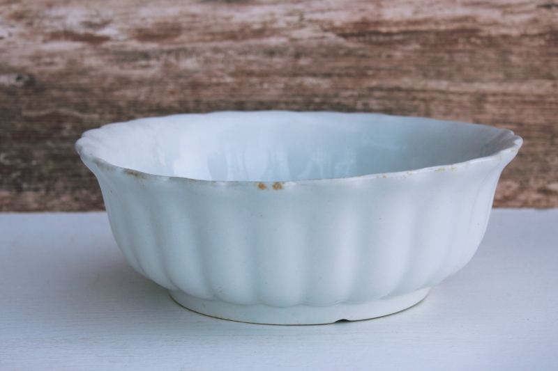 photo of shabby old white ironstone china bowl w/ ladyfinger fluted shape, rustic vintage farmhouse decor #1