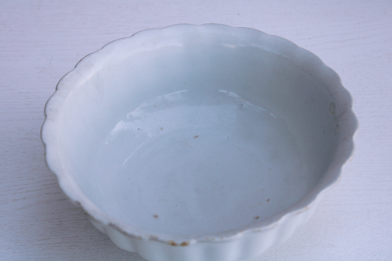 photo of shabby old white ironstone china bowl w/ ladyfinger fluted shape, rustic vintage farmhouse decor #2