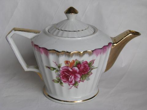 photo of shabby pink roses china teapot, vintage moss rose pattern w/ gold #2