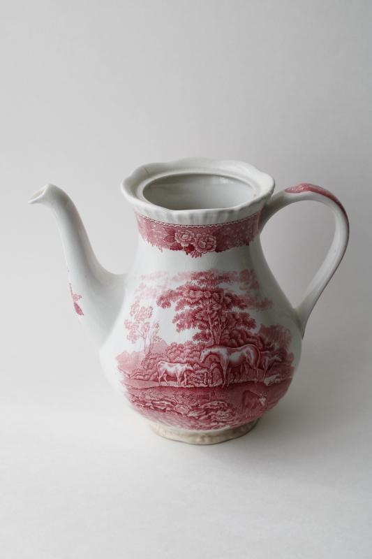 photo of shabby pink transferware teapot, vintage Adams English Scenic pattern w/ horses #1