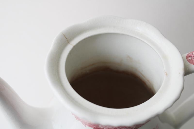 photo of shabby pink transferware teapot, vintage Adams English Scenic pattern w/ horses #2