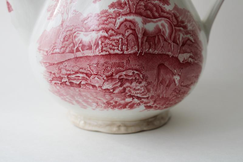 photo of shabby pink transferware teapot, vintage Adams English Scenic pattern w/ horses #4