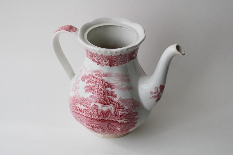 photo of shabby pink transferware teapot, vintage Adams English Scenic pattern w/ horses #5