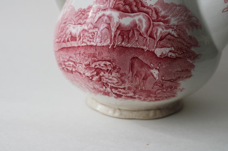photo of shabby pink transferware teapot, vintage Adams English Scenic pattern w/ horses #6
