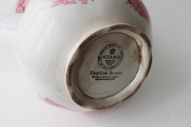 photo of shabby pink transferware teapot, vintage Adams English Scenic pattern w/ horses #7
