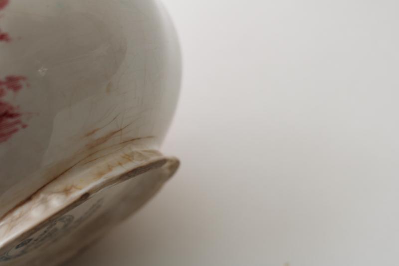 photo of shabby pink transferware teapot, vintage Adams English Scenic pattern w/ horses #8