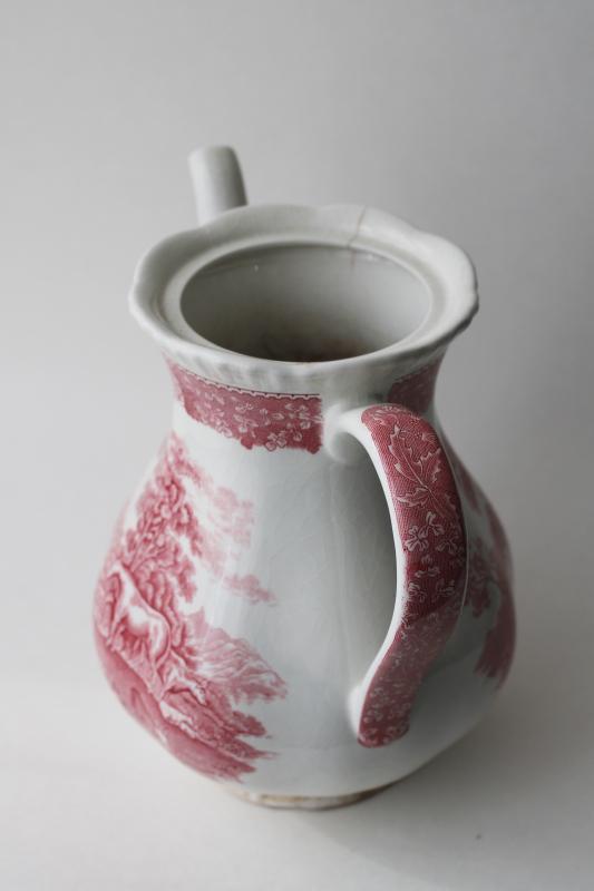 photo of shabby pink transferware teapot, vintage Adams English Scenic pattern w/ horses #9