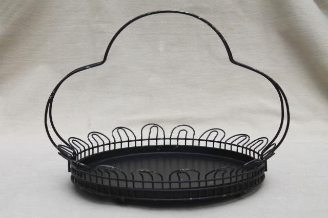 photo of shabby pretty vintage wire basket plate carrier, round tray w/ old black paint #2