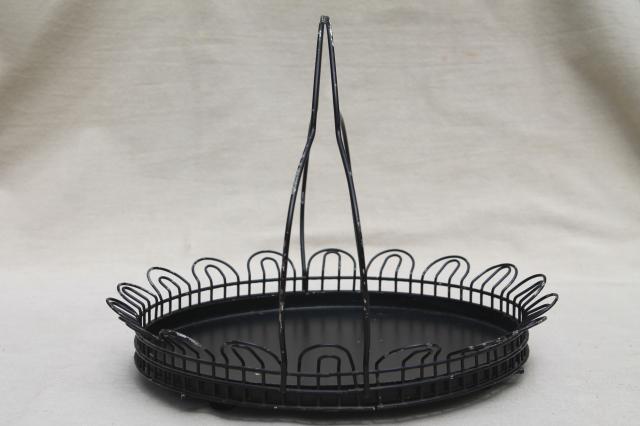 photo of shabby pretty vintage wire basket plate carrier, round tray w/ old black paint #3