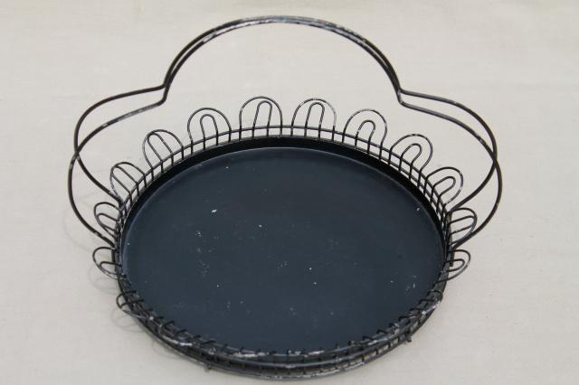 photo of shabby pretty vintage wire basket plate carrier, round tray w/ old black paint #5