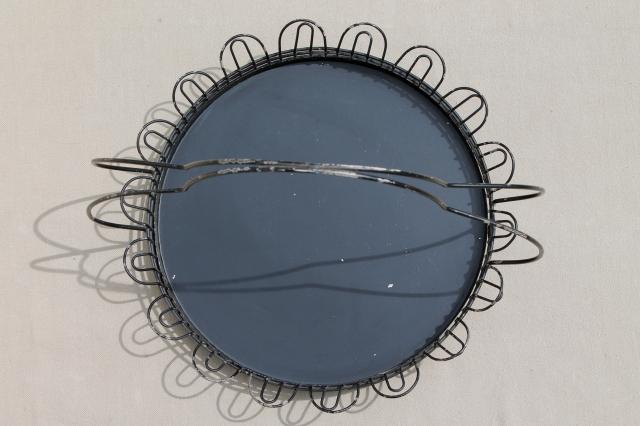 photo of shabby pretty vintage wire basket plate carrier, round tray w/ old black paint #7