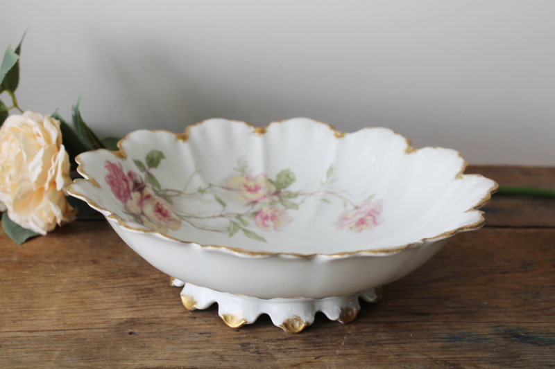photo of shabby roses antique Haviland Limoges china, large fancy scalloped bowl, footed centerpiece  #1
