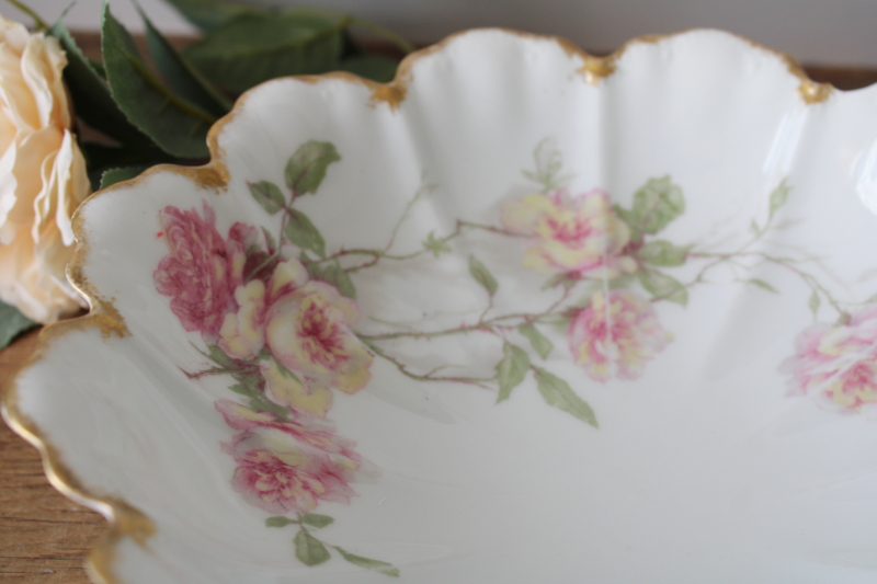 photo of shabby roses antique Haviland Limoges china, large fancy scalloped bowl, footed centerpiece  #2