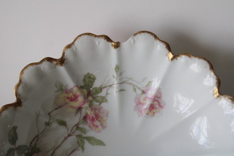 photo of shabby roses antique Haviland Limoges china, large fancy scalloped bowl, footed centerpiece  #3