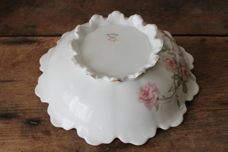 photo of shabby roses antique Haviland Limoges china, large fancy scalloped bowl, footed centerpiece  #4