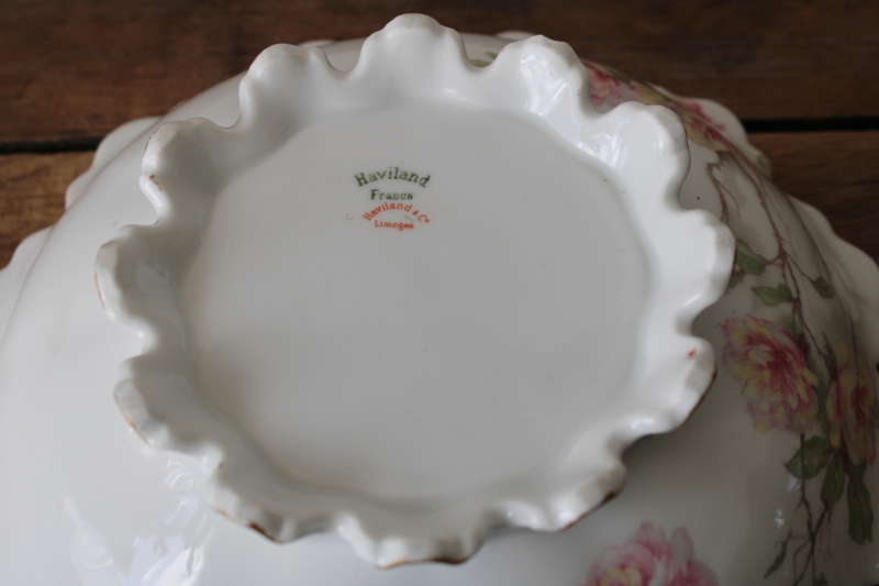 photo of shabby roses antique Haviland Limoges china, large fancy scalloped bowl, footed centerpiece  #5