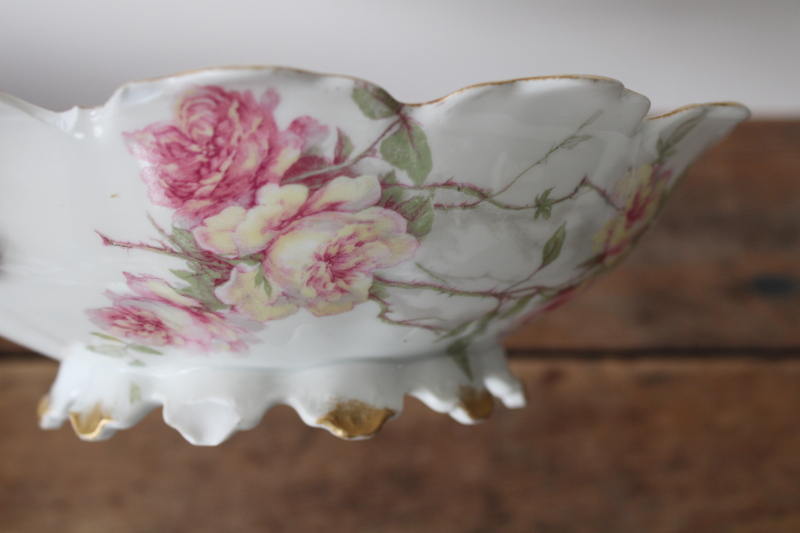 photo of shabby roses antique Haviland Limoges china, large fancy scalloped bowl, footed centerpiece  #6